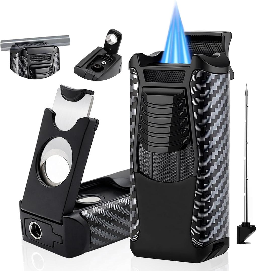 All in One Butane Torch Lighter, Triple Jet Flame Windproof Lighter Built-in Cutter, Punch, Holder, Draw Enhancer, Refillable Butane Lighter for Candles, Cool Lighters Gift for Men (No Gas)