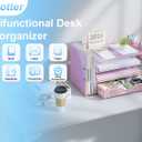 gianotter Desk Organizers and Accessories with File Holder, 4-Tier Desk Accessories & Workspace Organizers with Drawer and 2 Pen Holder, Paper Organizer for Office Supplies (Pink)