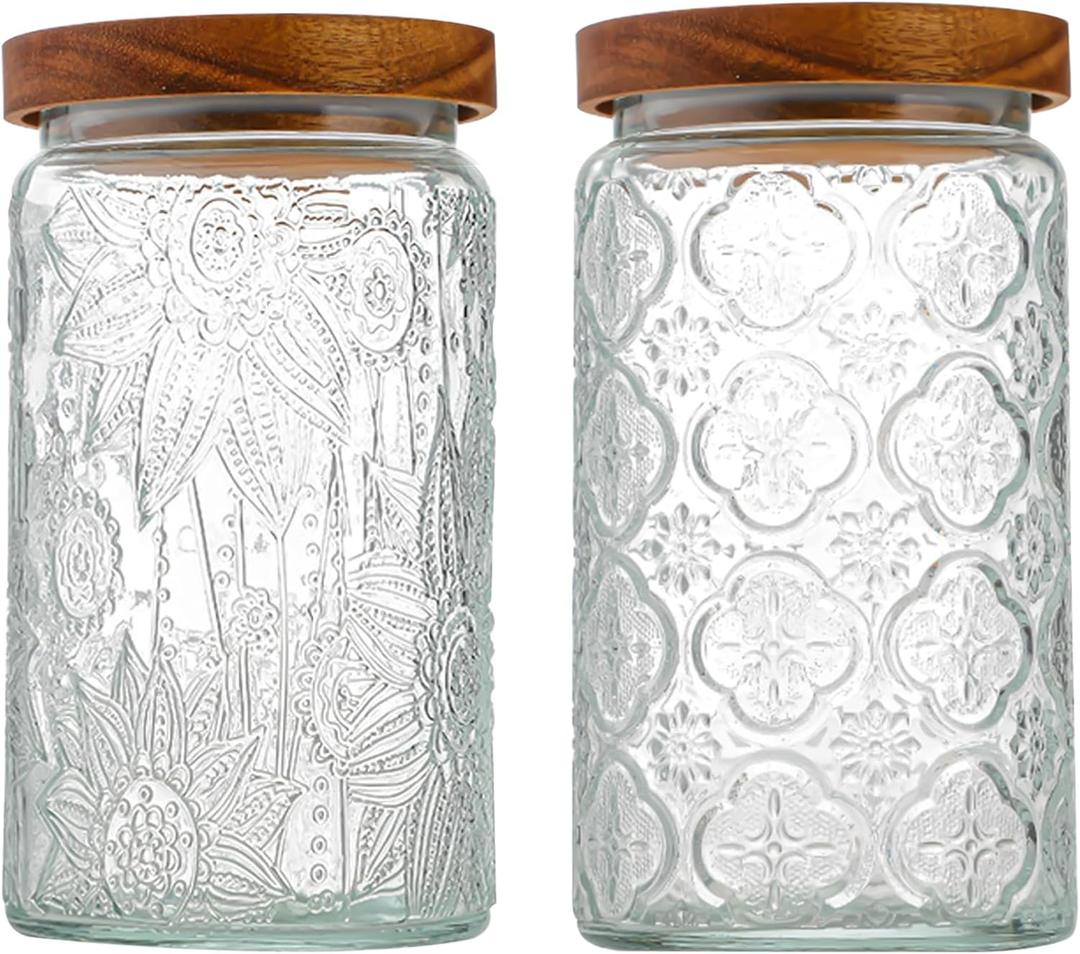 34 OZ/2 PCS Glass Storage Jar with Airtight Bamboo Wooden Lids, Vintage Food Containers Canisters Sets for Kitchen Counter Pantry, Sugar, Flour, Candy, Tea, Coffee Beans, Oats, Grain Bin, Pasta, ((34oz) Sunflower+Begonia)