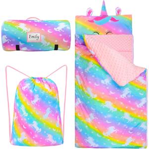 Toddler Nap Mat Girls Unicorn Sleeping Bag with Pillow and Blanket for Kids Slumber Bag for Elementary Preschool Kindergarten Daycare