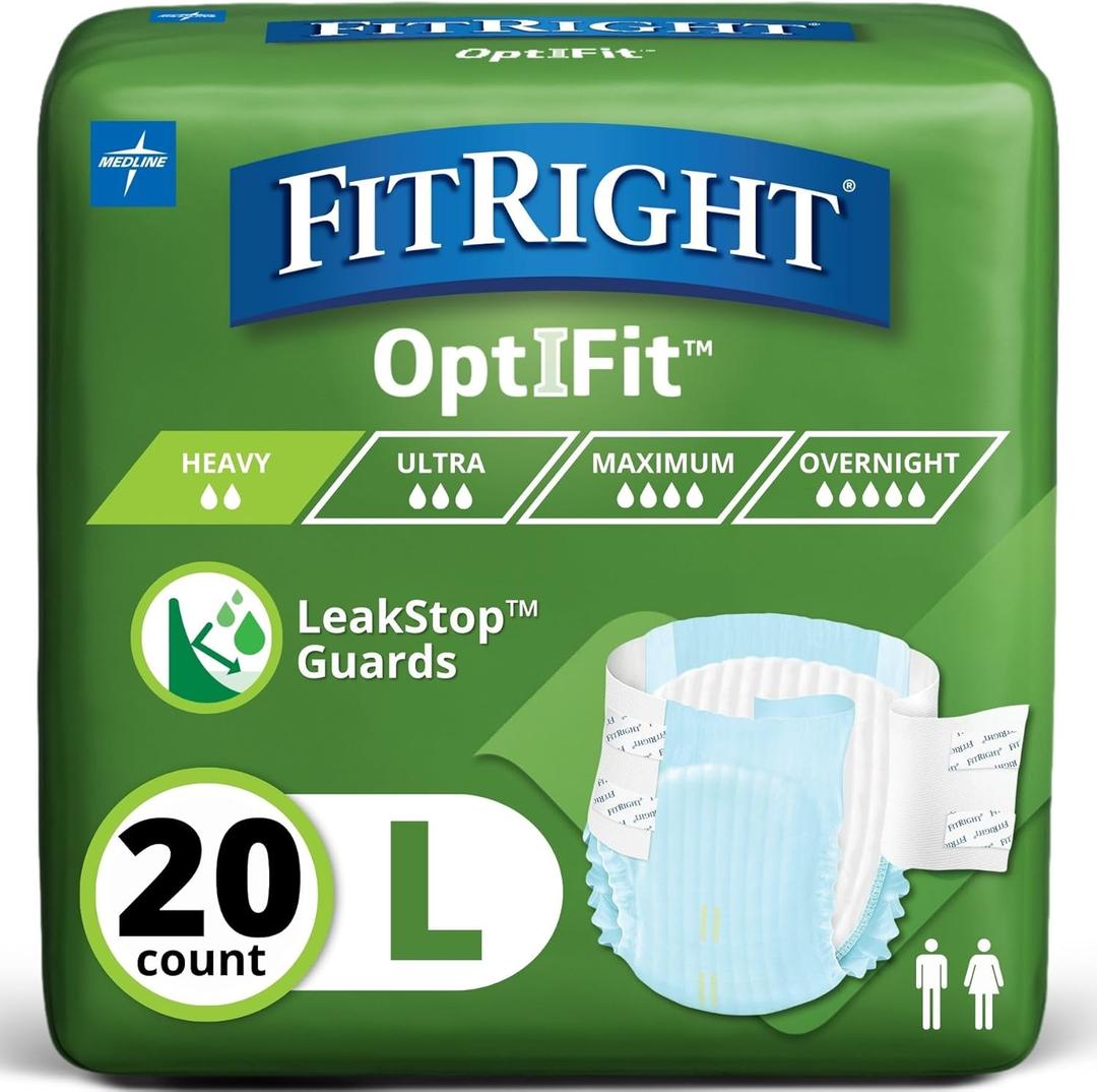 FitRight Adult Diapers, Extra+ Heavy Absorbency, L (Waist Size 44in-56in), 20 Count, OptiFit Incontinence Briefs for Men and Women, Disposable, Moisture-Wicking, Leak Protection