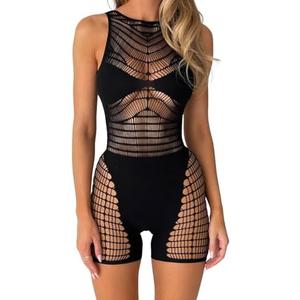AVZXSA Womens Sexy Rompers for Summer 2025, Sleeveless Club Outfits Fishnet Shorts Bodysuit Rave Seamless Cutout Jumpsuits Medium, Black 