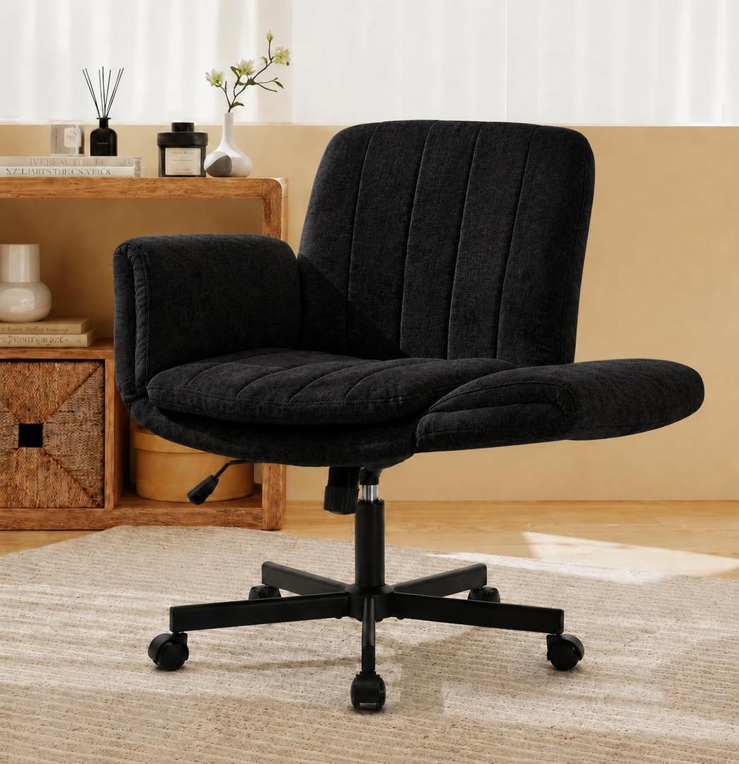 Scevokin Criss Cross Office Chair with Wheels and Arms, Vanity Chair with Back, Comfy Swivel Cross Legged Office Chairs for Ultimate Comfort and Support, Unique Multifunctional Stylish Arms Black