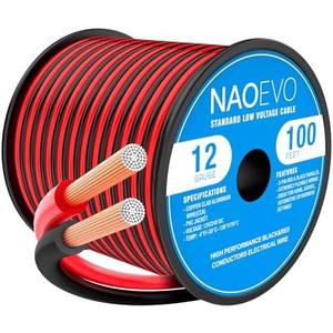 NAOEVO 12 Gauge Wire 100FT, 2 Conductors Electrical Wire Red Black Cable, Flexible/Low Voltage/PVC 12 AWG Copper Clad Aluminum Extension Cord for Speaker, LED Strips, Automotive 12V/24V DC