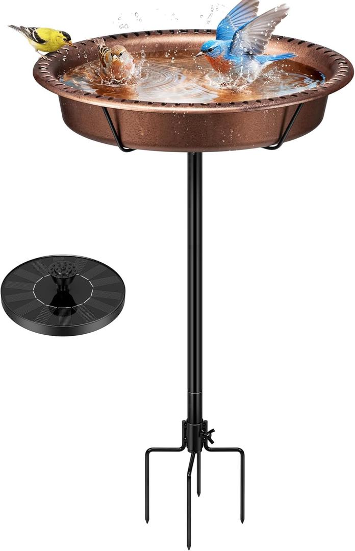 Oval Bird Bath with Solar Fountain for Outside, Weather-Resistant ABS Birdbath Bowl with Solar Powered Pump, Metal Ground Stake for Outdoor, Garden, 1.3 Gallons, Bronze