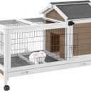 Wooden Rabbit Hutch Indoor and Outdoor, Rabbit Cage with Removable Wire Netting and Leak Proof Tray, Mobile Bunny Cage with Wheels (Brown)
