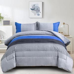 WONGS BEDDING Blue Comforter Set Queen, Reversible Blue Grey Striped Patchwork Alternative Comforter for Queen Bed,3 Pieces (1 Comforter+2 Pillowcases), Soft Microfiber Bedding Duvet Set 90"90"