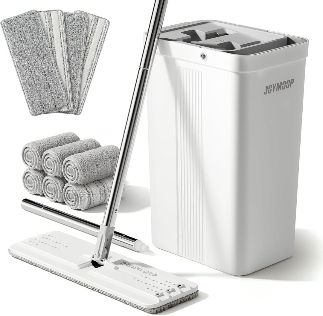 JOYMOOP Mop and Bucket with Wringer Set with 61" Mop Handle with Flexible 13" Flat Head with 10 pcs Microfiber Mop Pads - White
