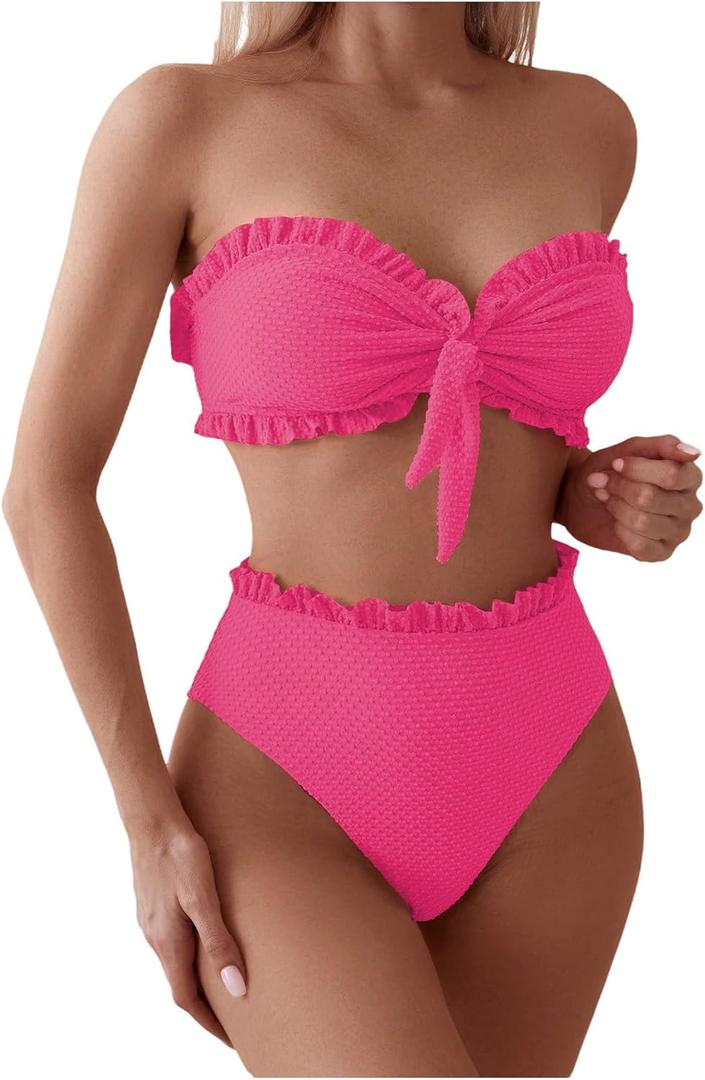 SOLY HUX Women's Ruffle Strapless Bikini Set 2 Piece Bandeau Swimsuit High Waist Bathing Suits (Plain Hot Pink), Large