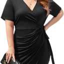 Plus Size Dresses for Curvy Women V-Neck Short Sleeve Bodycon Wrap Cocktail Party Semi Formal Midi Dress (XX-Large, Black)