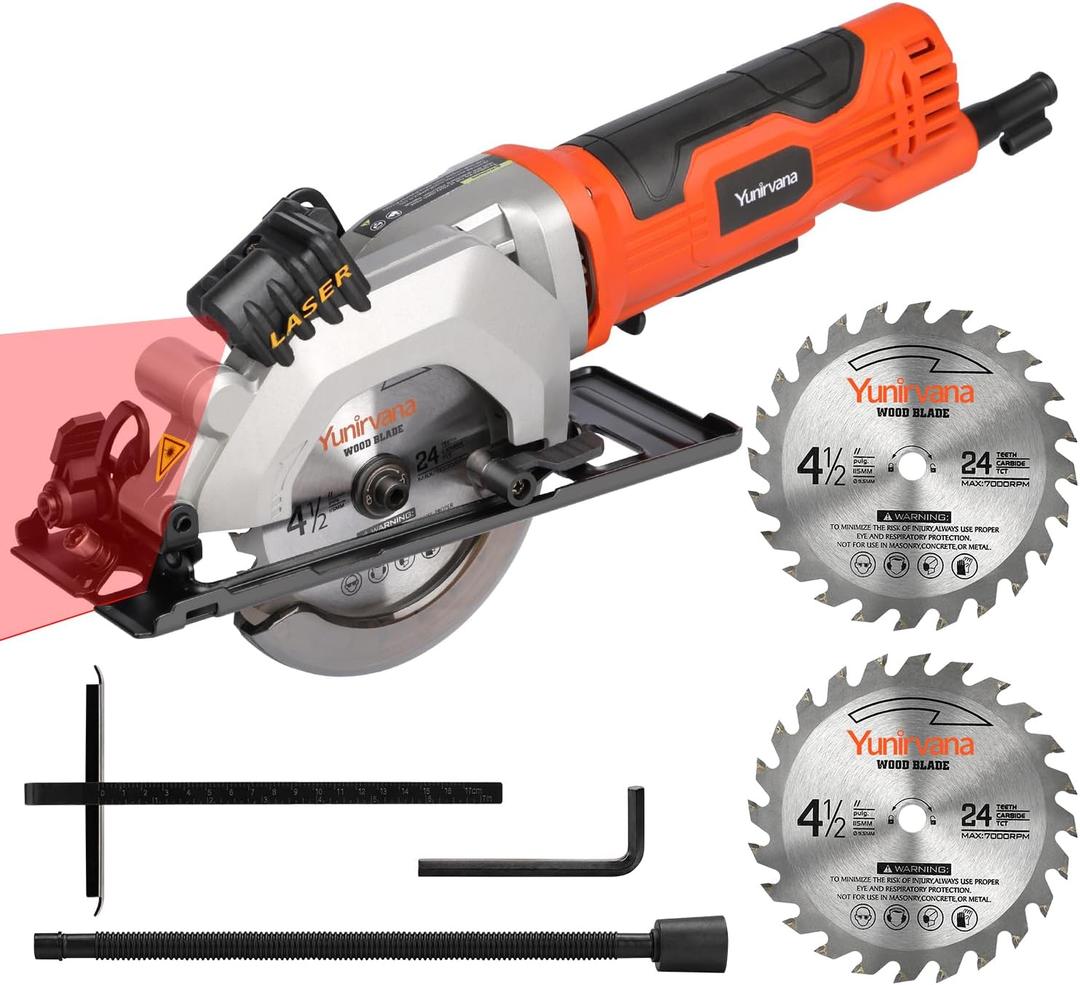4Amp 3500RPM Mini Circular Saw with Laser Guide, Vacuum Adapter, Blade Wrench and Rip Guide, Max. Cutting Depth1-5/8"(90), 1-1/10"(45Compact Saw with 2 pcs 4-1/2" 24T TCT Blades