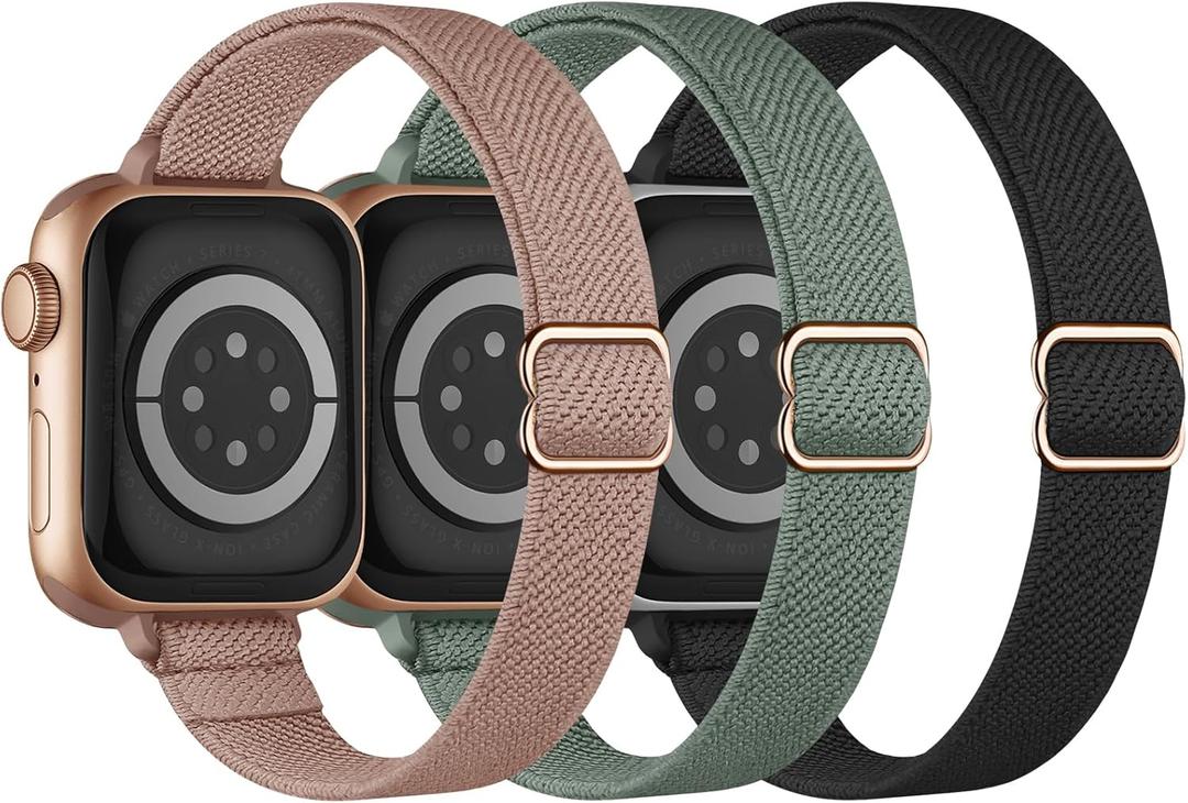 Slim Stretchy Band Compatible with Apple Watch Bands 40mm 41mm 42mm 38mm 44mm 45mm 46mm 49mm Women Men, Thin Skinny Elastic Nylon Solo Loop Strap for iWatch Series 10 9 8 7 6 5 4 3 11 Ultra SE 2/3 (BlackRoseGold/Cactus/Pink)