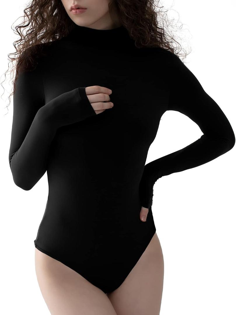 PUMIEY Women's Long Sleeve Bodysuit Mock Turtle Neck Body Suits Going Out Tops Sharp Collection (Large, Jet Black)
