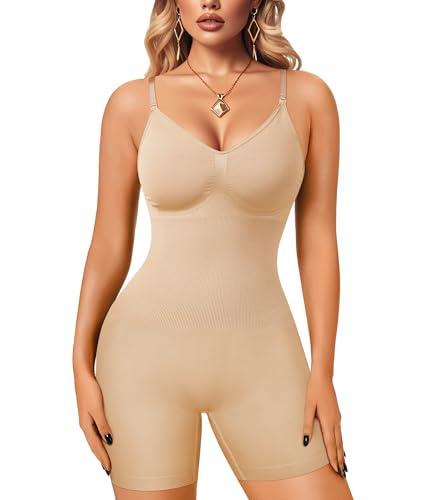 Irisnaya Women Slimming Bodysuits Shapewear Tops Tummy Control Body Shaper Spaghetti Strap Camisole Leotards Bodycon Jumpsuit (Beige Mid Thigh, Medium/Large)