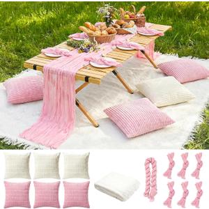 91 x 71 Extra Large Outdoor Boho White Picnic Blanket with Pink Table Runner, 6 Napkins and 6 Throw Pillow Covers Table Decor for Beach Picnic Camp Wedding Party Birthday Baby Shower