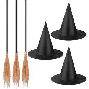 Panitay 6 Pieces Halloween Witch Broom Hat Set, Includes 3 Pcs Realistic Witch Brooms and 3 Pcs Black Hats, Halloween Accessories for Party Cosplay Props Costume Accessories