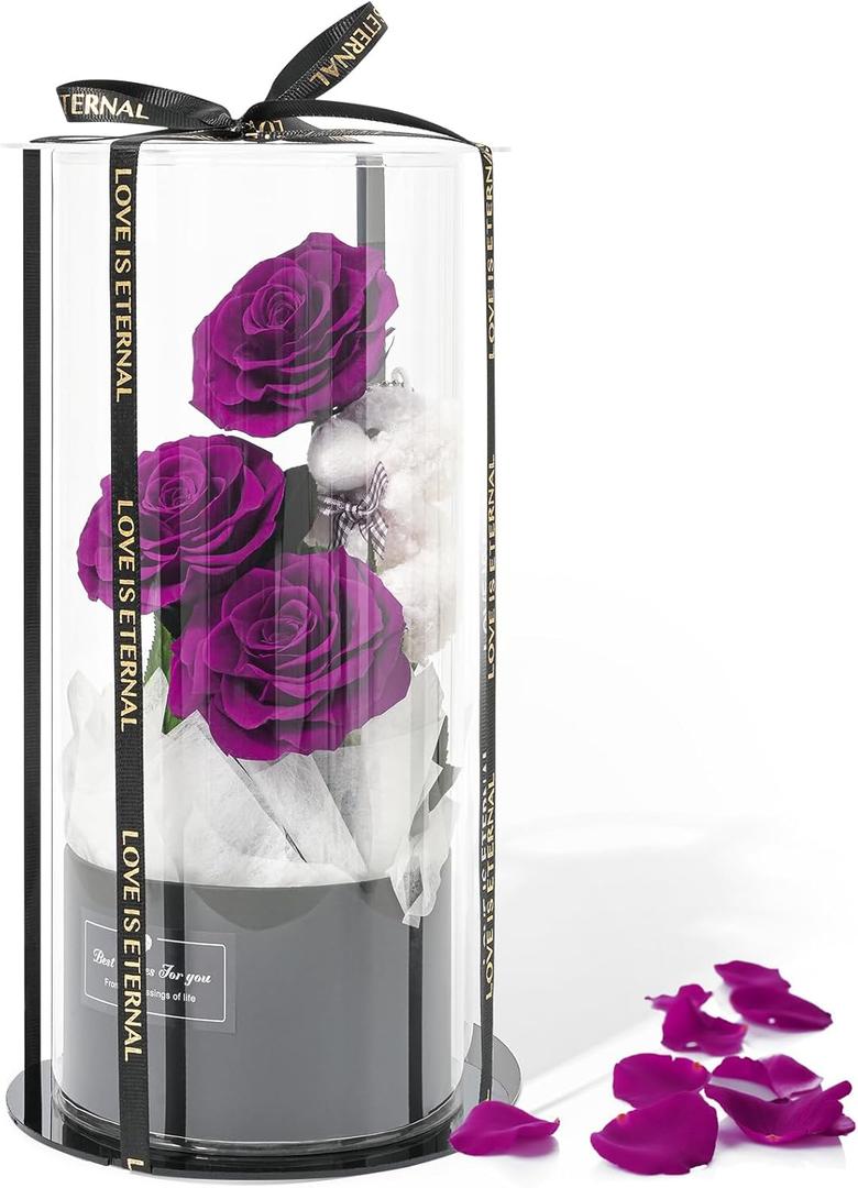 Flowers Forever Roses in A Box, 3 Real Roses with Stems and Bear, Eternal Rose Gifts for Her,Birthday Gifts for Women, Mom,Girlfriend,Grandma,Daughter,Purple