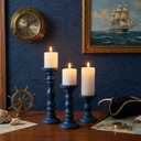 Set of 3 Navy Blue Candle Holders Rustic Farmhouse Mango Wood Candlestick Holder Large Pillar Candle Stand Vintage Antique Home Decor for Table Centerpieces Fireplace Mantel, 12", 9", 6" H