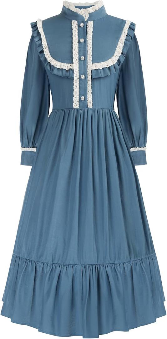 Scarlet Darkness Girls Dresses Long Sleeve Casual High Neck Girl Dress Children Kids Ruffle Trim Outfit (8 Years, Blue)