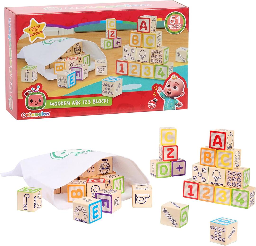 CoComelon 51-Piece Classic ABC Wooden Block Set, Preschool Building Toys, Learning and Education, Officially Licensed Kids Toys for Ages 18 Month
