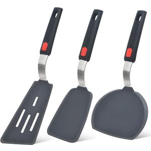 Silicone Spatula Turner Set of 3, Beijiyi 600F Heat Resistant Cooking Spatulas for Nonstick Cookware, Large Flexible Kitchen Utensils BPA Free Rubber Spatula Set for Egg, Pancake, Fish, Burger (Black+Grey)