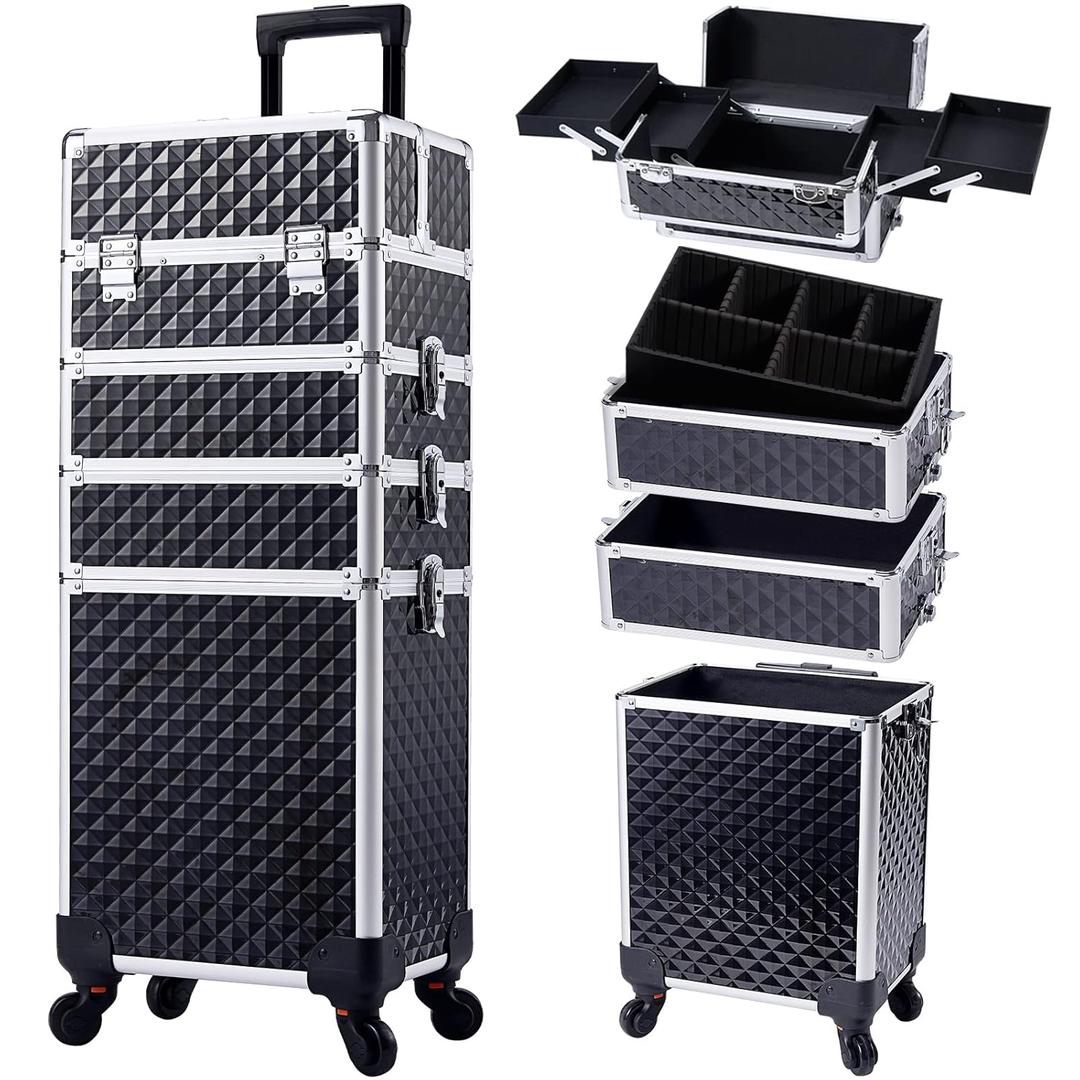Stagiant Rolling Makeup Case Cosmetology Case on Wheels 4 in 1 Large Cosmetic Organizer Train Case Makeup Travel Case with Key Swivel Wheels Nail Artist Salon Storage Traveling Cart Trunk Black