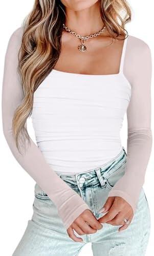 PINKMSTYLE Womens Square Neck Mesh Long Sleeve Bodysuit Shapewear Corset Tops Sexy Concert Outfits Party Shirts, M