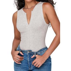 iGENJUN Women's Bodysuit Tops Sleeveless Invisible Zip Up Crew Neck Body suit (Medium, Heather Grey)
