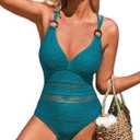 Charmo Crochet One Piece Swimsuits for Women V Neck Strappy Bathing Suit Hollow Out Monokini Swimwear (Small, Blue)
