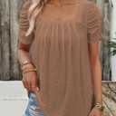 Dokotoo Women's Hollow Pleated Short Sleeves Square Neck Casual Loose Solid Color Knit T Shirts Tops Blouses (Brown, L)