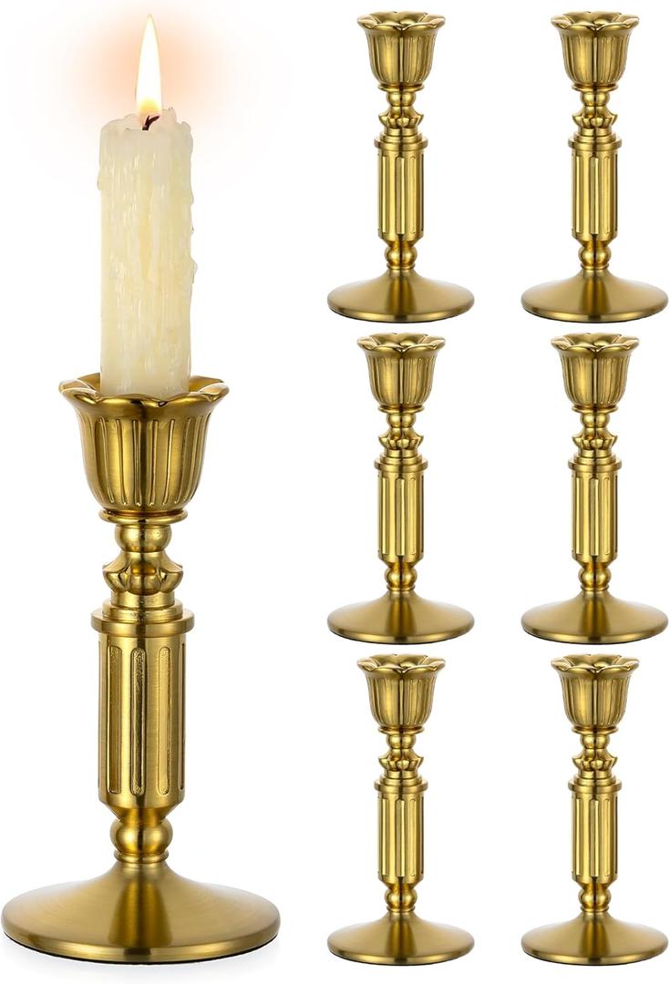 Gold Candle Holders Vintage Decor - Romadedi Solid Brass Candlestick Taper Holder for Wedding Christmas Table Centerpiece Mantel Home Decoration 5.5 Inch Set of 6
