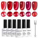 RARJSM Red Cat Eye Gel Nail Polish Set 6 Pcs Smoothie Ceramic Silver White Glitter Shimmer Burgundy Cherry Dark Wine Red Velvet Diamond Cateye Gel Polish with Magnetic Stick Soak off Curing Require
