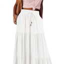 HAEOF Women's Summer Boho Maxi Skirt A-Line Flowy Ruffle Tiered Elastic High Waist Beach Long Skirts with Pockets (Medium, White)
