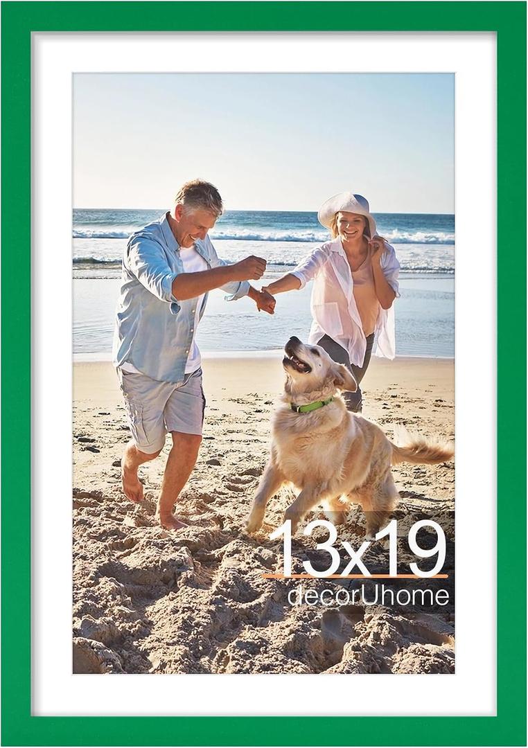 decorUhome 13x19 Picture Frame, Display Pictures 11x17 with Mat or 13x19 without Mat, Wall Mounting Photo Frame, Green, 1 Pack