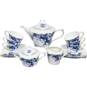 Porlien Blue Floral 17-piece Tea Set for 6, Teacups and saucers with Teapot, Milk Pitcher and Sugar Bowl