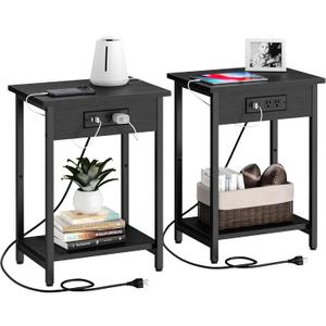 Side Table with Charging Station & USB Port Set of 2, Small End Table Nightstands Bedside Table for Living Room Bedroom Office Bathroom Small Space, Black