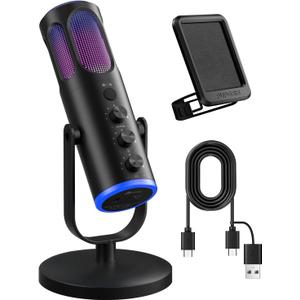 PUPGSIS Gaming Microphone for PC, Noise Cancellation Condenser Mic with RGB Lights, Mute, Monitoring, Pop Filter, Desktop-Mic for Streaming/Podcasting/Recording/Gaming Equipment, Plug & Play-Black