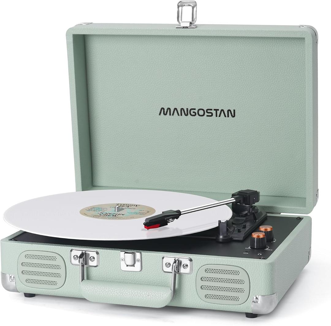 Record Player 3 Speed Bluetooth Portable Suitcase, Vinyl Phonograph with Built-in Bass & Speakers, Belt-Driven LP Player Support AUX-in RCA Line Out Headphone Jack, Green