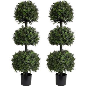 4ft Artificial Outdoor Plants, Triple Ball Boxwood Topiaries,UV Resistant, Faux Trees Outdoor Porch Decor 2Pack (TripleBall-M 2PC)