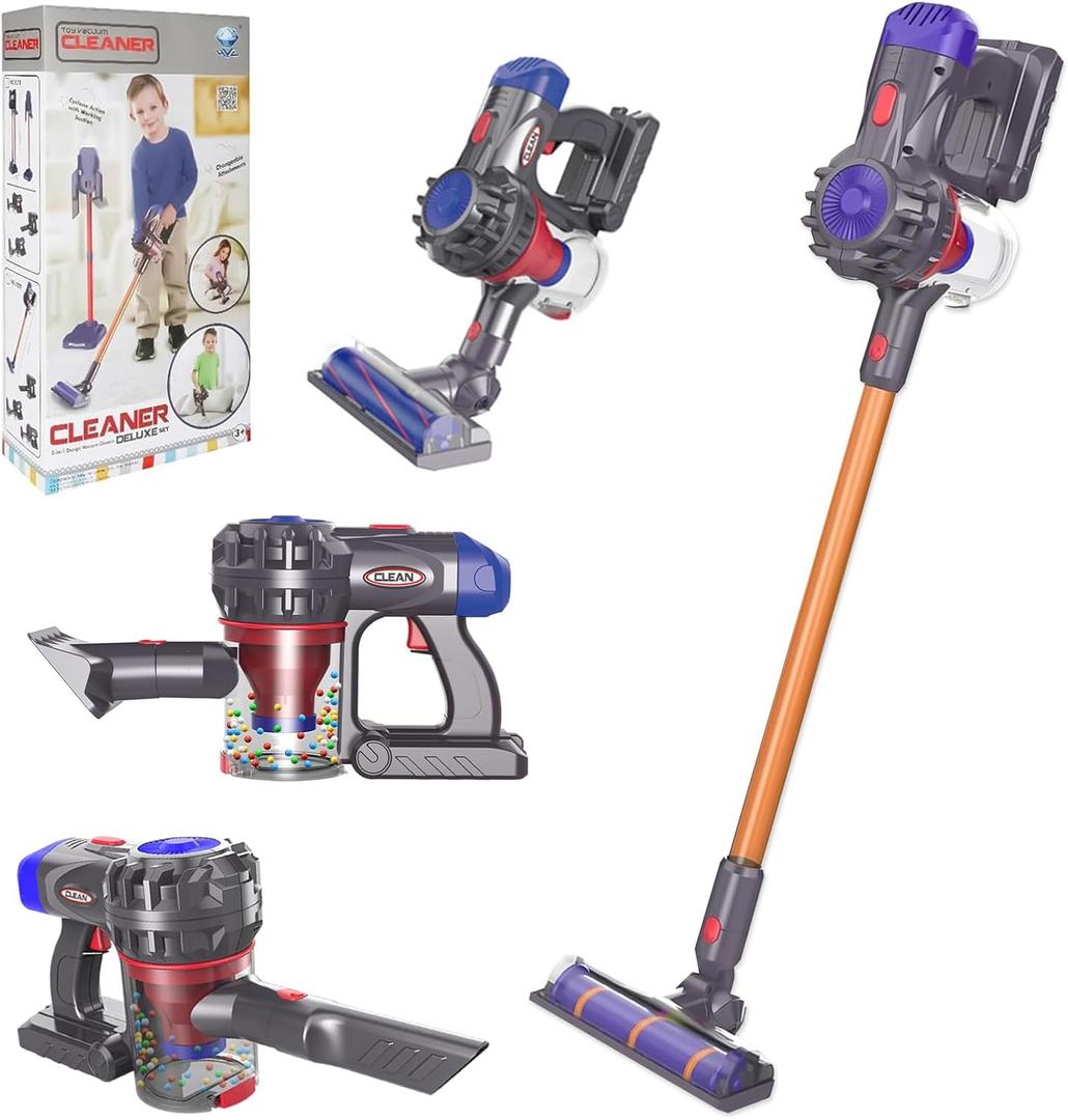 4-in-1 Kids Vacuum That Really Works, Toddler Pretend Play Cleaning Toy Vacuum Set with Light & Sound, Interactive Toy Cleaner for 3+ 8-12Year Old Boys and Girls