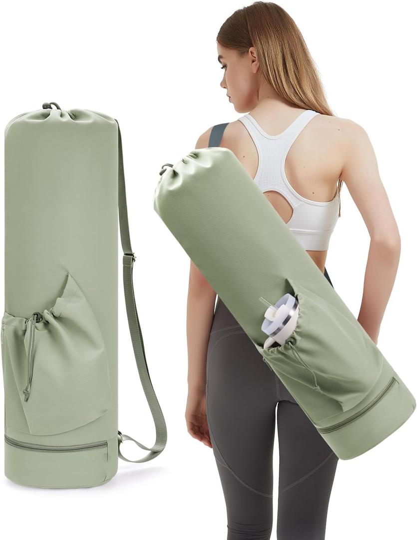 sportsnew Yoga Mat Bag with Water Bottle Pocket and Bottom Wet Pocket, Exercise Yoga Mat Carrier Multi-Functional Storage Bag, Patent pending (Large, Sage Green)