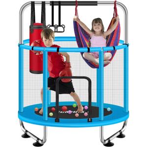 55" Trampoline for Kids with Enclosure, 440lbs Capacity Indoor & Outdoor Toddler Trampoline with Adjustable Gymnastics Bar & Toys, for Boys & Girls (Blue)