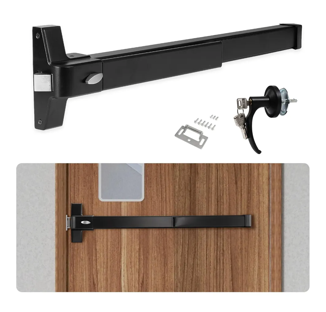 BEAMNOVA 27.5 in Door Push Bar Panic Exit Device Commercial Exterior Lever Lock Key Set Gate Roller Strike Plate End Cap Hardware Parts, for 27.5 to 41 inches Wide Door, Black