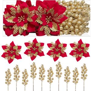 Alupssuc 24 Pieces Christmas Tree Decorations, 12 PCS Red&Gold Poinsettia Flowers Artificial and 12 PCS Glitter Christmas Tree Picks for Christmas Decorations Party Wreath Fireplace Stairs, Red&Gold