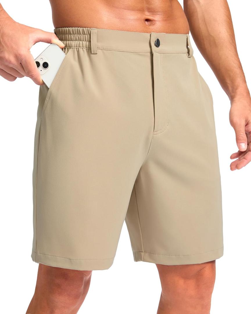 Pudolla Men's Casual Shorts 7"/9"/5" Lightweight Golf Shorts with 3 Pockets Stretch Quick Dry Comfy Work Shorts (Beige, XXL)