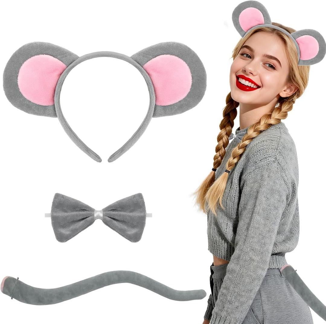 H-Style Mouse Ears Headband, Rat Ears Costume Accessories Women Adult- Rat Ears Headband, Gray Ear with Tail & Bow Tie, Halloween Cosplay Party Dress Up