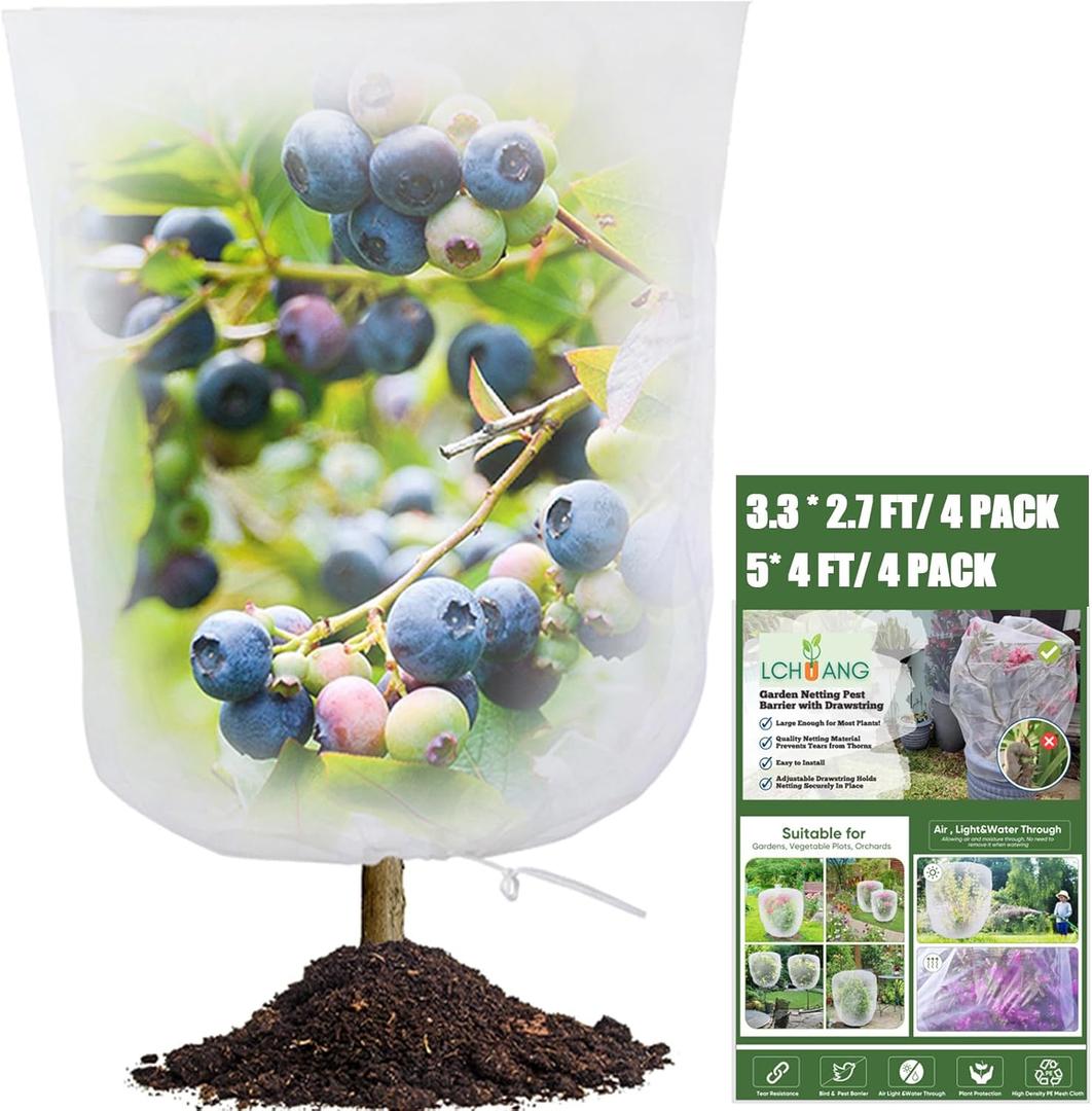 8 Pack Bird Netting for Garden Protection Pest Barrier with Drawstring, Mosquito Tomato Protective Cover Plant Netting for Vegetables Blueberry Bushes (5 Ft x 4 Ft/4 Pack) + (3.3Ft x 2.7Ft/4 Pack)