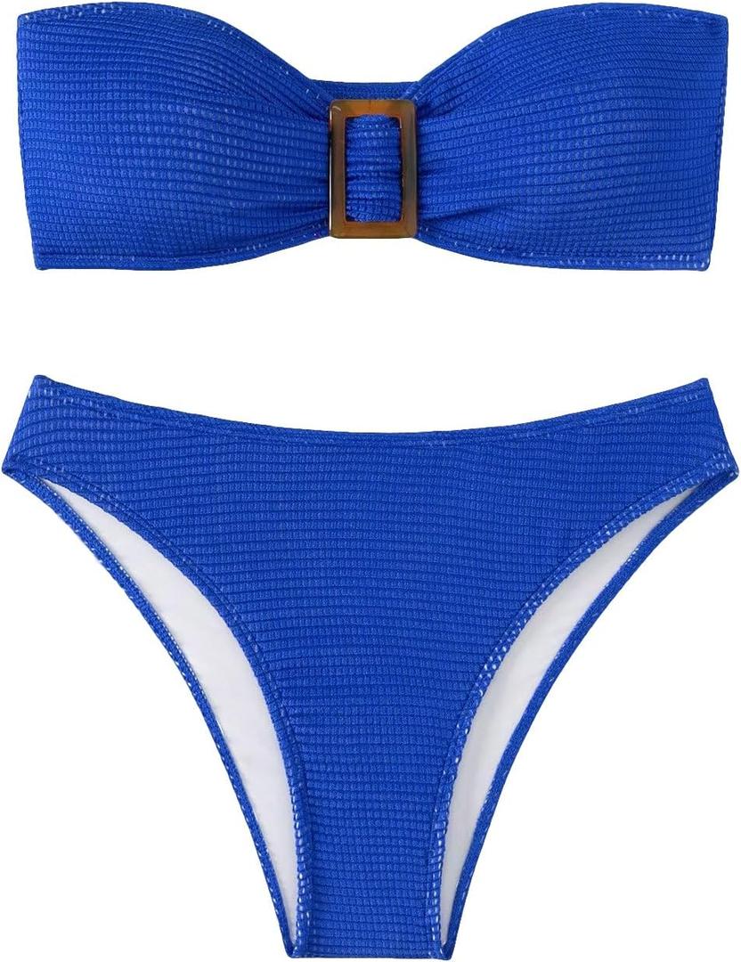 GORGLITTER Women's Strapless Bandeau Swimsuit High Waisted Thong Textured Bikini Set Bathing Suit, Size M