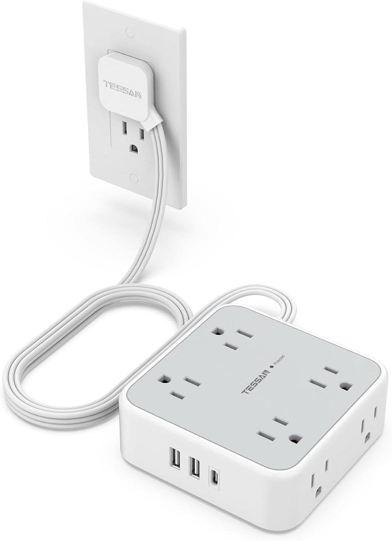 Surge Protector Flat Extension Cord Flat Plug Power Strip, 8 AC Outlets, 3 USB Charger(1 USB C Port) 3-Sided Outlet Extender, 5 Ft, 900 Joules Protection, Office Supplies, Dorm Room Essentials, Grey (5 Feet, Grey)