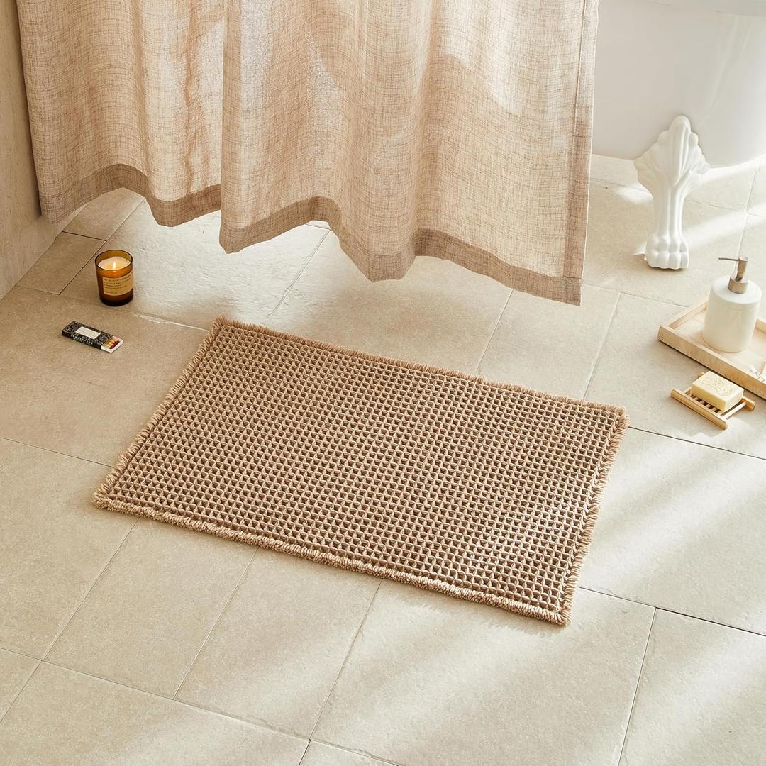 TYUU Waffle Bath Mat, Boho Bathroom Rugs Non Slip Washable Super Absorbent Quick Dry Farmhouse Bathroom Decor, 1'4" x 2' Khaki